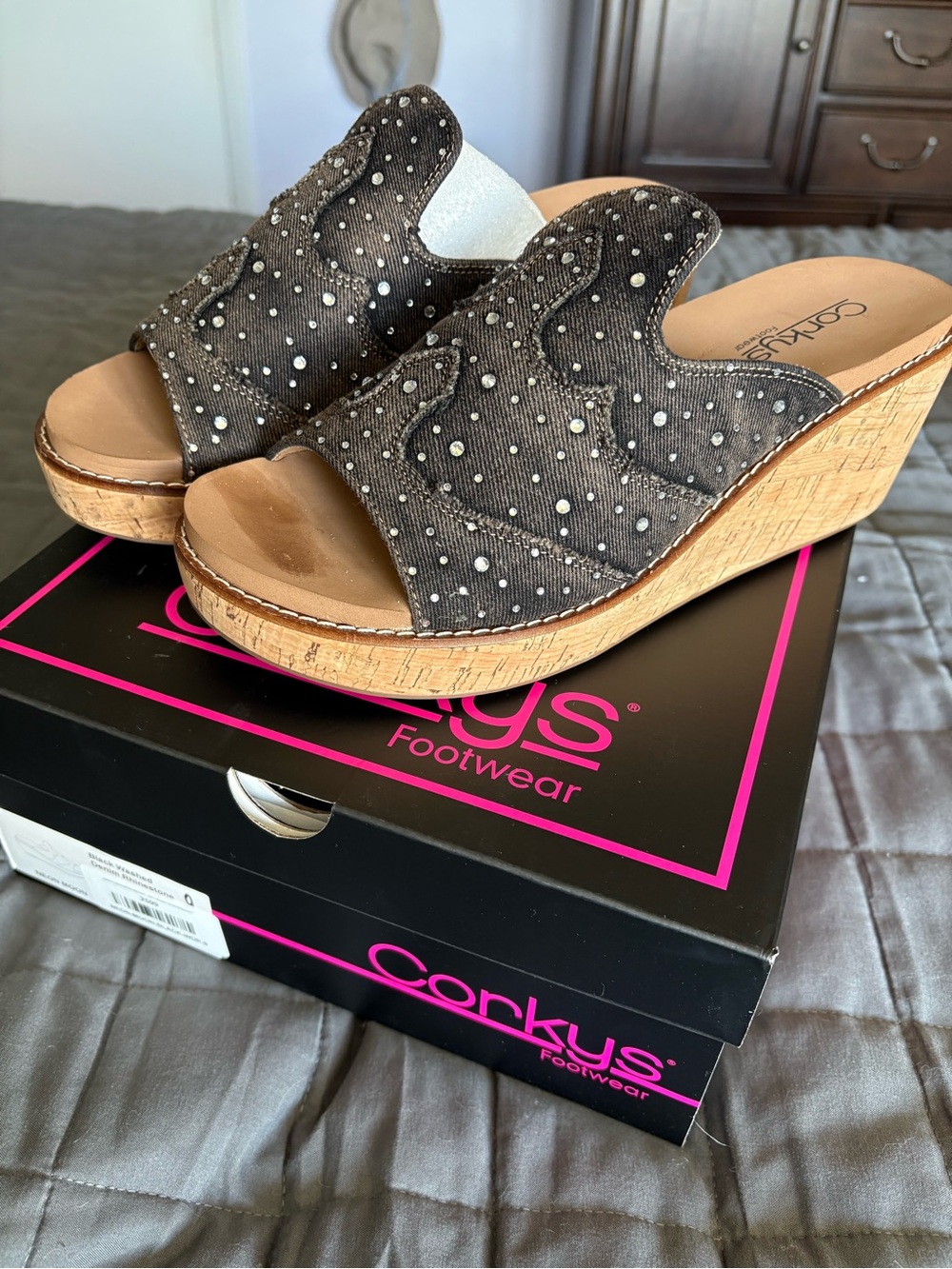 Corkys Black washed Studded Cork Wedge Slide